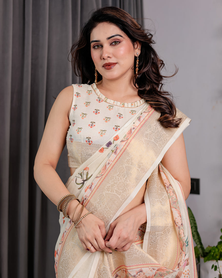 Multicolor Floral Linen Saree for Women | Traditional Indian Festive Wear – Pastel Hues Edition