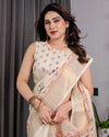 Ivory Cream Pure Handloom Linen Saree with Peach Floral Print & Zari Border | Artistic Garden Pallu & Tassels | 5.5m Saree + 0.8m Blouse