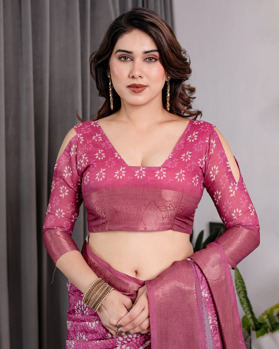 Rani Pink Pure Handloom Linen Saree with White Floral Print & Dual Zari Border | Tassel Finish | 5.5m Saree + 0.8m Blouse
