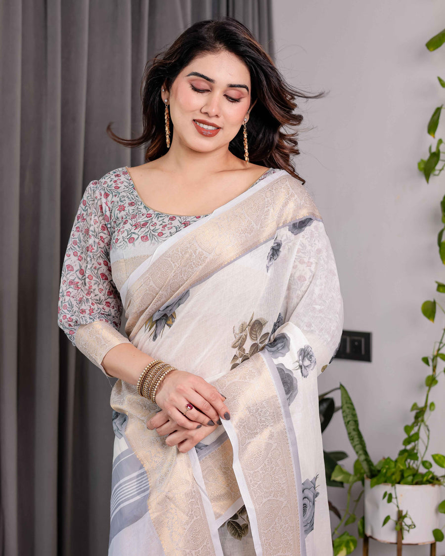 White Handloom Linen Saree with Grey Rose Floral Print & Gold Zari Border | Striped Pallu & Tassel Detailing | Attached Blouse | 5.5m Saree + 0.8m Blouse