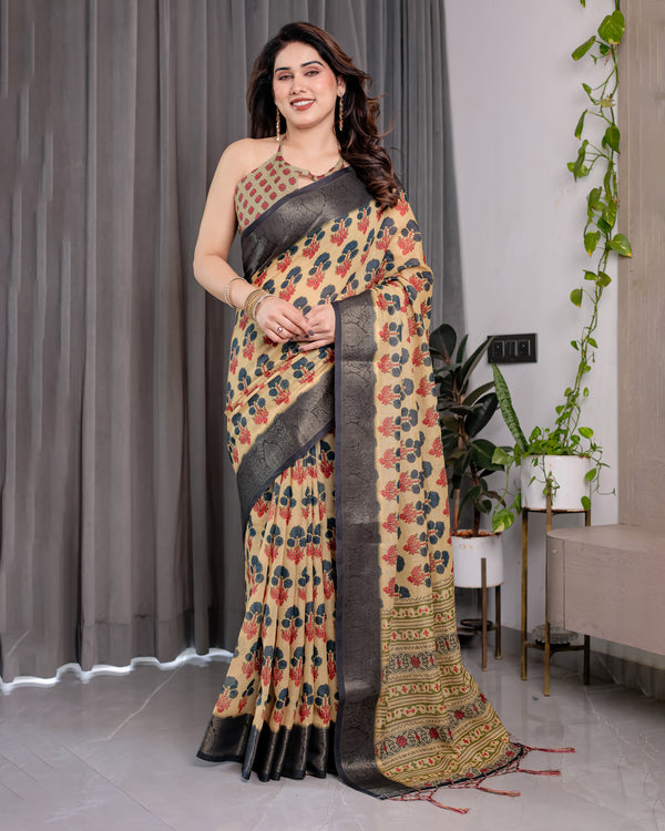 Multicolor Floral Linen Saree for Women | Traditional Indian Festive Wear – Puja Special Edition
