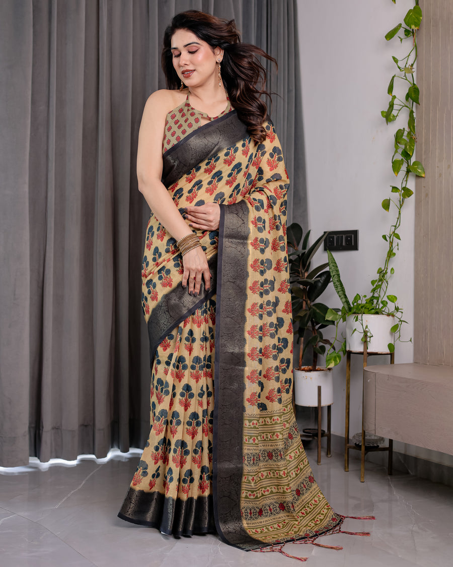 Multicolor Floral Linen Saree for Women | Traditional Indian Festive Wear – Puja Special Edition
