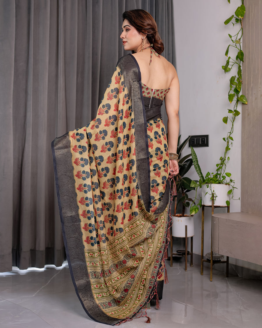 Multicolor Floral Linen Saree for Women | Traditional Indian Festive Wear – Puja Special Edition