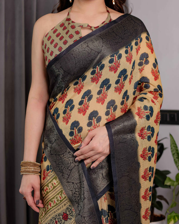 Beige Handloom Linen Saree with Red-Blue Floral Buttas & Ethnic Pallu | Antique Black Zari Border & Tassels | Attached Blouse | 5.5m Saree + 0.8m Blouse