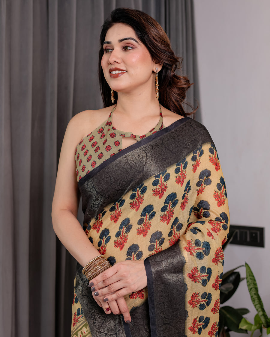 Multicolor Floral Linen Saree for Women | Traditional Indian Festive Wear – Puja Special Edition
