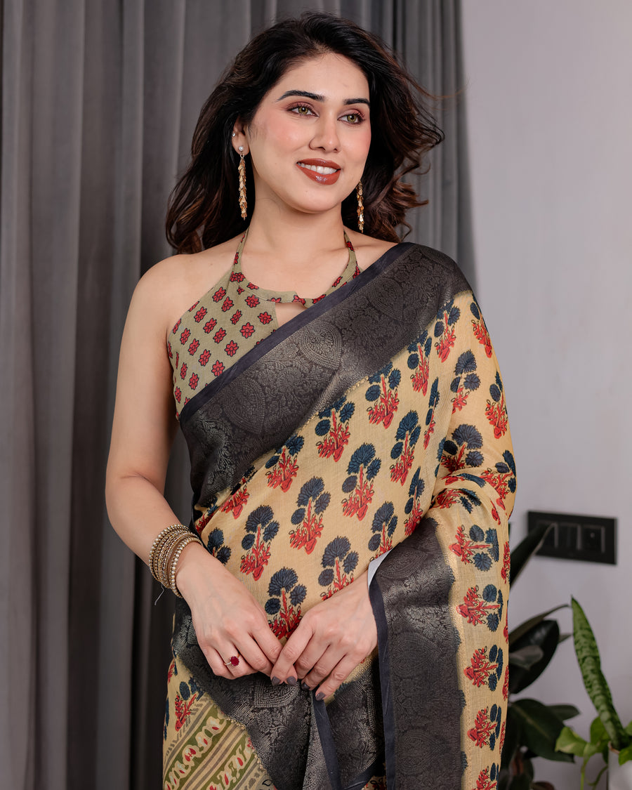Multicolor Floral Linen Saree for Women | Traditional Indian Festive Wear – Puja Special Edition