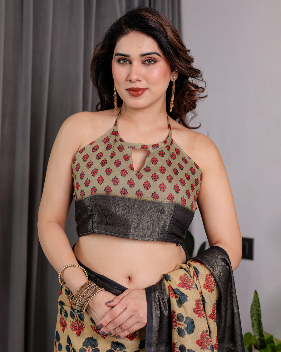 Multicolor Floral Linen Saree for Women | Traditional Indian Festive Wear – Puja Special Edition