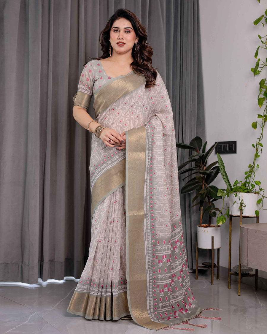 Crimson Pink & Teal Floral Handloom Linen Saree with Zari Border & Tassel Finish | 5.5m Saree + 0.8m Blouse