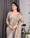 Crimson Pink & Teal Floral Handloom Linen Saree with Zari Border & Tassel Finish | 5.5m Saree + 0.8m Blouse