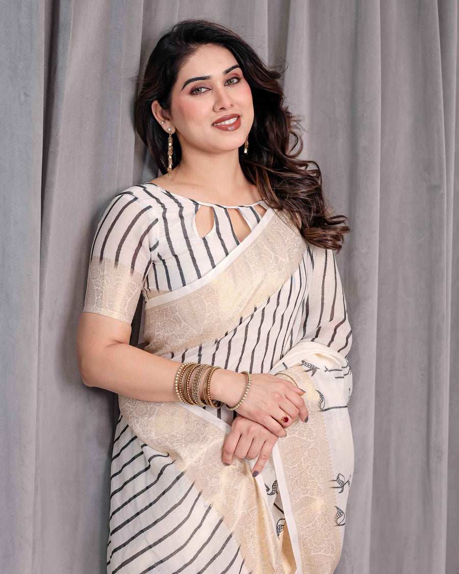 Off-White Handloom Linen Saree with Black Vertical Stripes & Tribal Motifs | Golden Zari Border & Tassel Pallu | Attached Blouse | 5.5m Saree + 0.8m Blouse