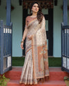 Beige and Rust Handloom Cotton-Linen Saree with Floral Motifs and Peacock Pallu