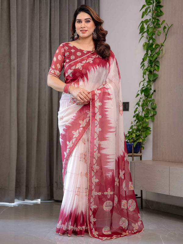 Wine Red & Ivory Printed Pure Organza Saree with Multicolor Lace Border and Artistic Motif Print | Designer Sheer Organza Saree with Attached Blouse | Festive & Occasion Wear