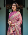 Magenta Handloom Cotton-Linen Saree with Gold Floral Motifs and Peacock Pallu