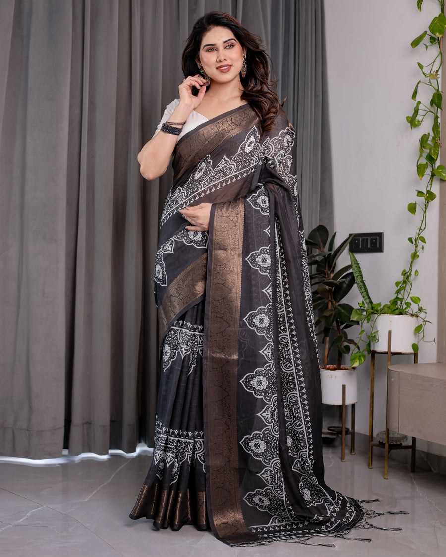 Black Handloom Linen Saree with White Floral Mandala Print, Zari Border & Tassel Pallu | 5.5m Saree + 0.8m Blouse