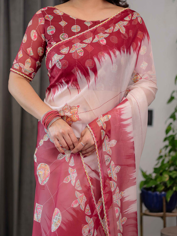 Wine Red & Ivory Printed Pure Organza Saree with Multicolor Lace Border and Artistic Motif Print | Designer Sheer Organza Saree with Attached Blouse | Festive & Occasion Wear