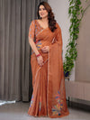 Rust Orange Floral Printed Organza Saree with Multicolour Lace Border | Lightweight Designer Organza Saree with Attached Blouse Piece | Festive & Party Wear Saree