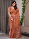 Rust Orange Floral Printed Organza Saree with Multicolour Lace Border | Lightweight Designer Organza Saree with Attached Blouse Piece | Festive & Party Wear Saree