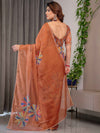 Rust Orange Floral Printed Organza Saree with Multicolour Lace Border | Lightweight Designer Organza Saree with Attached Blouse Piece | Festive & Party Wear Saree