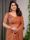 Rust Orange Floral Printed Organza Saree with Multicolour Lace Border | Lightweight Designer Organza Saree with Attached Blouse Piece | Festive & Party Wear Saree