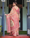 Peach and Pink Handloom Cotton-Linen Saree with Mythological Motifs and Floral Pallu