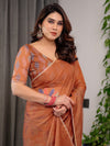 Rust Orange Floral Printed Organza Saree with Multicolour Lace Border | Lightweight Designer Organza Saree with Attached Blouse Piece | Festive & Party Wear Saree