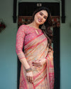Peach and Pink Handloom Cotton-Linen Saree with Mythological Motifs and Floral Pallu