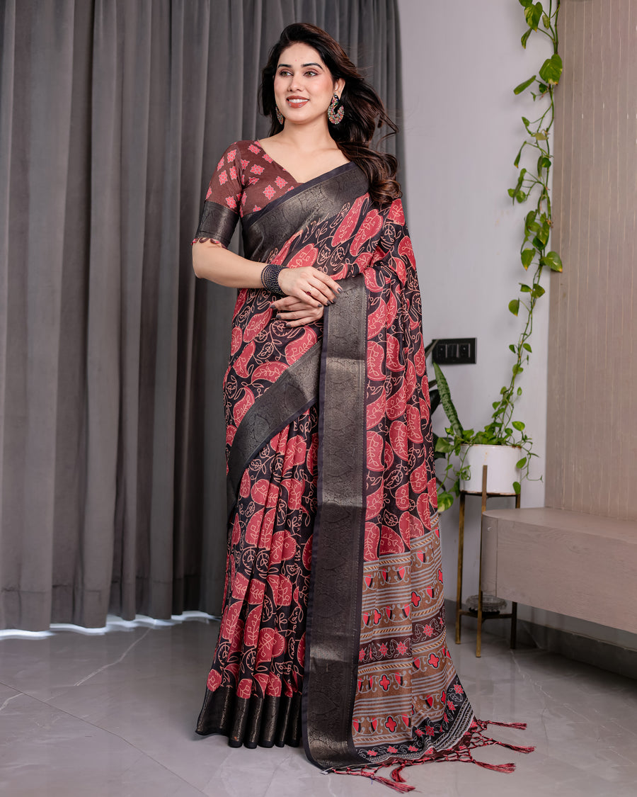 Multicolor Floral Linen Saree for Women | Traditional Indian Festive Wear – Contrast Border Weave
