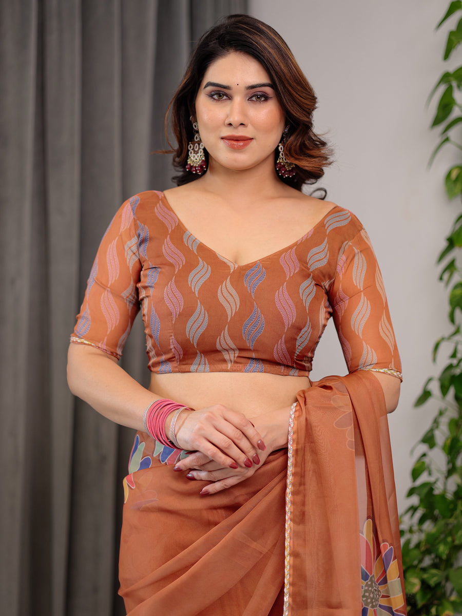 Rust Orange Floral Printed Organza Saree with Multicolour Lace Border | Lightweight Designer Organza Saree with Attached Blouse Piece | Festive & Party Wear Saree
