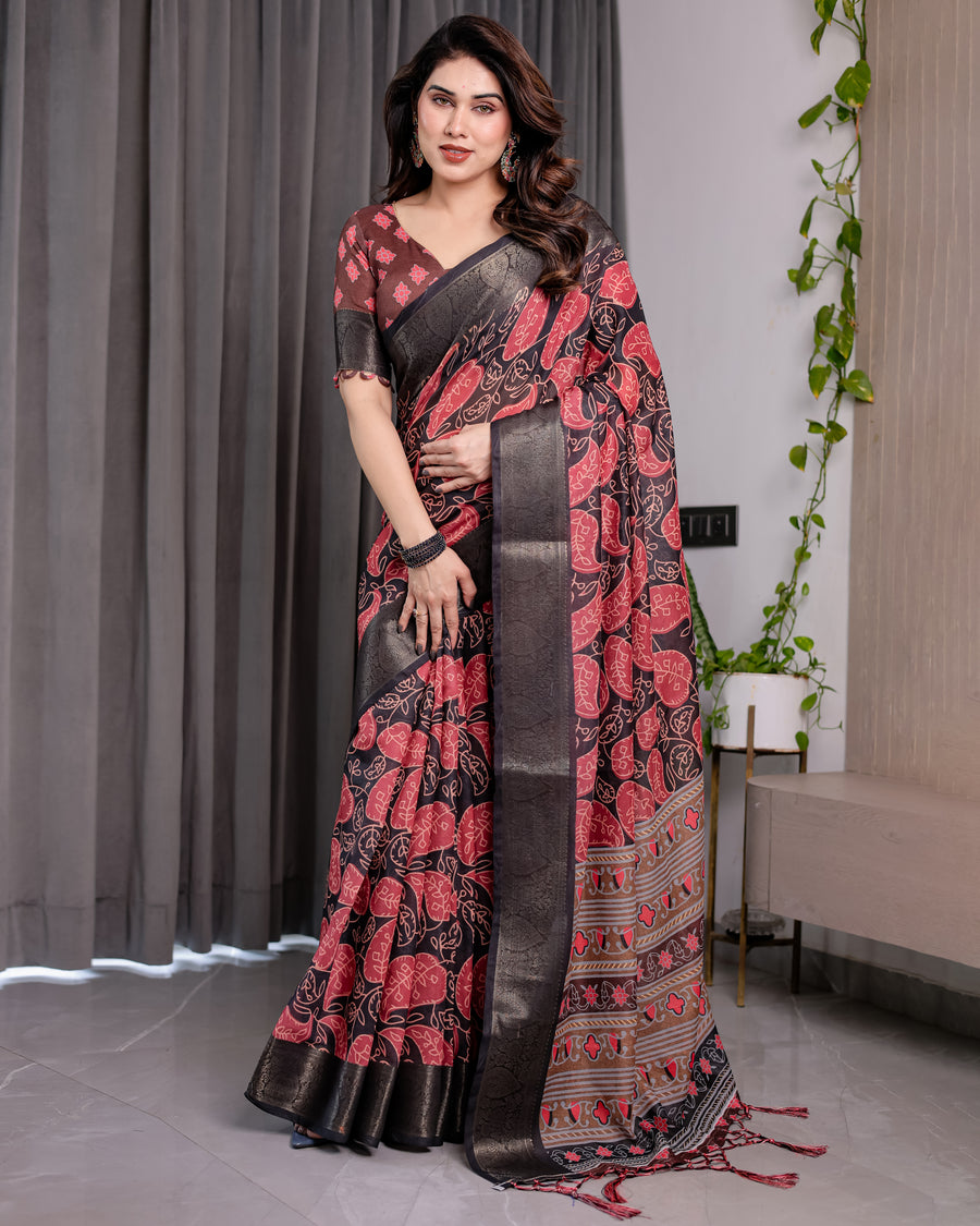 Multicolor Floral Linen Saree for Women | Traditional Indian Festive Wear – Contrast Border Weave