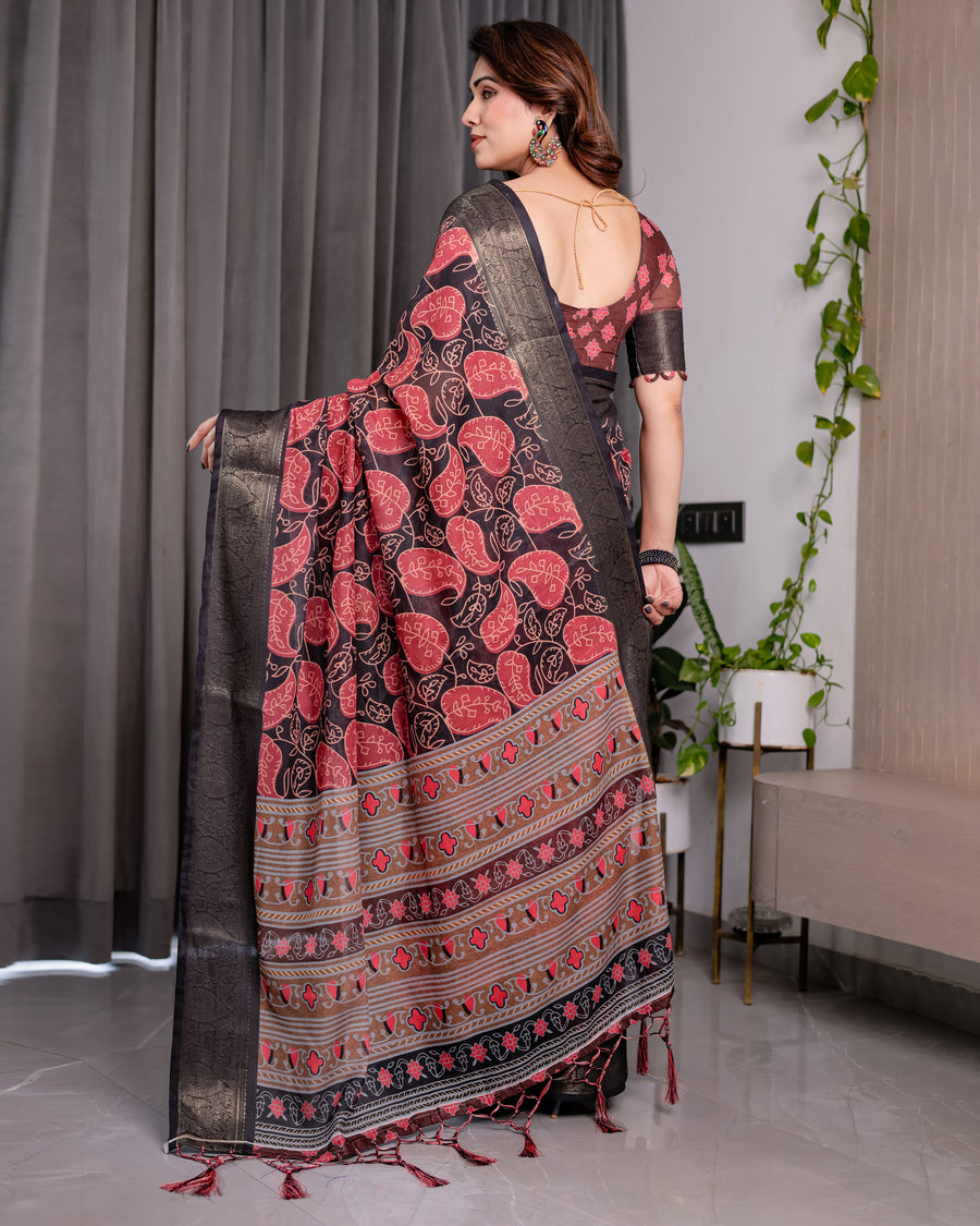 Multicolor Floral Linen Saree for Women | Traditional Indian Festive Wear – Contrast Border Weave