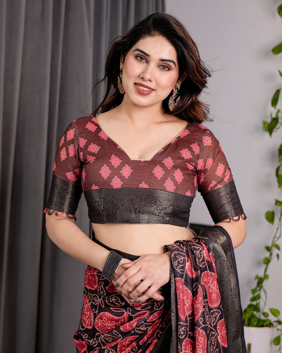 Multicolor Floral Linen Saree for Women | Traditional Indian Festive Wear – Contrast Border Weave