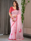 Blush Pink Floral Printed Organza Saree with Red Multicolour Lace Border | Lightweight Designer Organza Saree with Attached Blouse Piece | Festive & Party Wear Saree