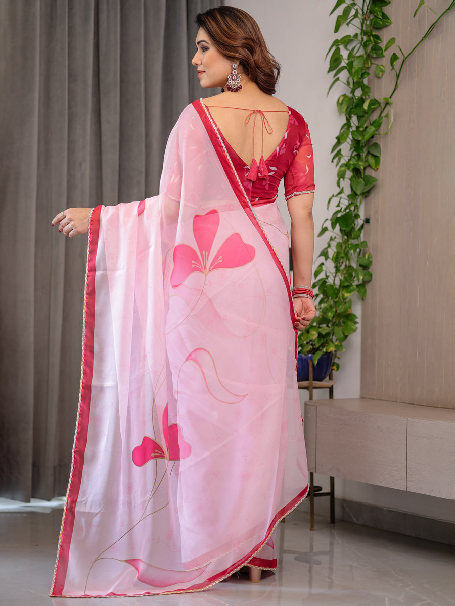 Blush Pink Floral Printed Organza Saree with Red Multicolour Lace Border | Lightweight Designer Organza Saree with Attached Blouse Piece | Festive & Party Wear Saree