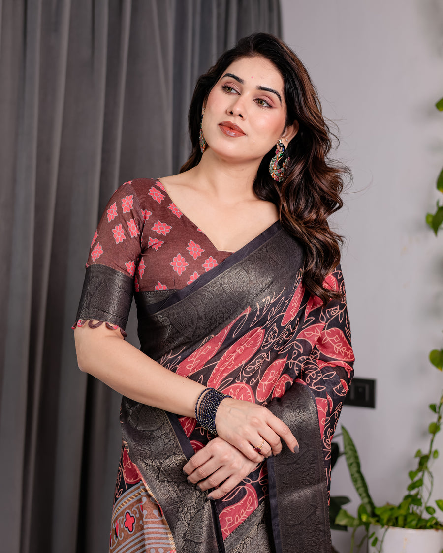 Multicolor Floral Linen Saree for Women | Traditional Indian Festive Wear – Contrast Border Weave
