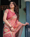 Crimson Red Handloom Cotton-Linen Saree with Mythological Motifs and Floral Border