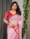 Blush Pink Floral Printed Organza Saree with Red Multicolour Lace Border | Lightweight Designer Organza Saree with Attached Blouse Piece | Festive & Party Wear Saree