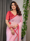 Blush Pink Floral Printed Organza Saree with Red Multicolour Lace Border | Lightweight Designer Organza Saree with Attached Blouse Piece | Festive & Party Wear Saree