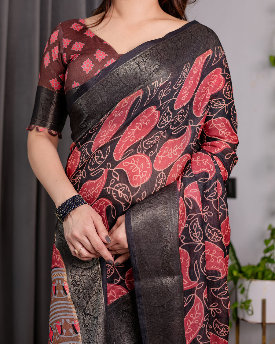 Multicolor Floral Linen Saree for Women | Traditional Indian Festive Wear – Contrast Border Weave