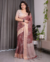 Maroon Handloom Linen Saree with White Floral Prints & Circular Mandala Pallu | Zari Border | 5.5m Saree + 0.8m Blouse with Tassels