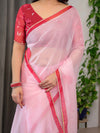 Blush Pink Floral Printed Organza Saree with Red Multicolour Lace Border | Lightweight Designer Organza Saree with Attached Blouse Piece | Festive & Party Wear Saree