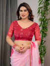 Blush Pink Floral Printed Organza Saree with Red Multicolour Lace Border | Lightweight Designer Organza Saree with Attached Blouse Piece | Festive & Party Wear Saree