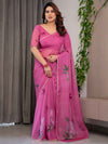 Rose Pink Floral Printed Organza Saree with Multicolour Lace Border | Designer Lightweight Organza Saree with Attached Blouse Piece | Festive & Party Wear Saree