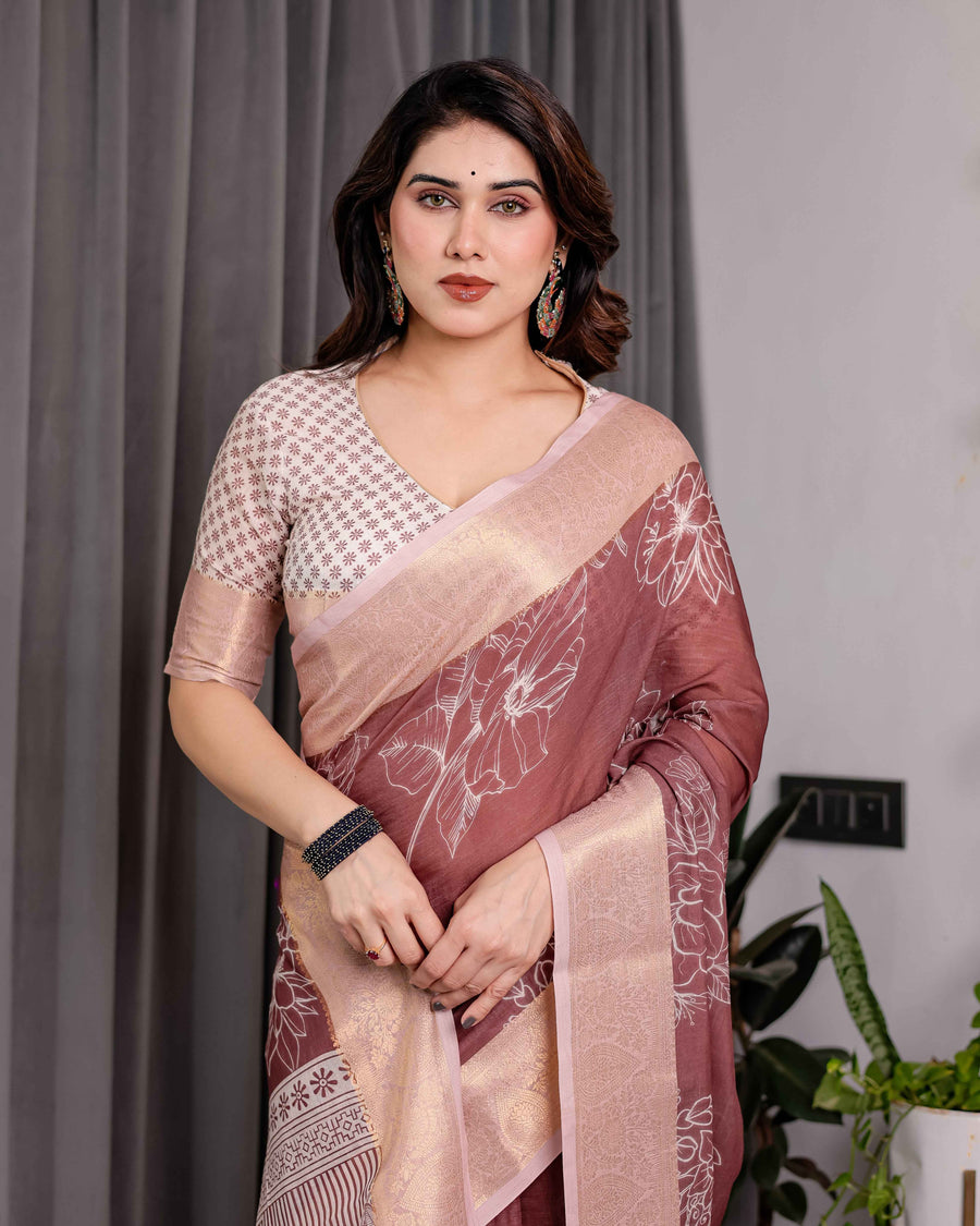 Maroon Handloom Linen Saree with White Floral Prints & Circular Mandala Pallu | Zari Border | 5.5m Saree + 0.8m Blouse with Tassels