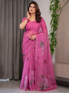 Rose Pink Floral Printed Organza Saree with Multicolour Lace Border | Designer Lightweight Organza Saree with Attached Blouse Piece | Festive & Party Wear Saree