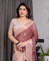 Maroon Handloom Linen Saree with White Floral Prints & Circular Mandala Pallu | Zari Border | 5.5m Saree + 0.8m Blouse with Tassels