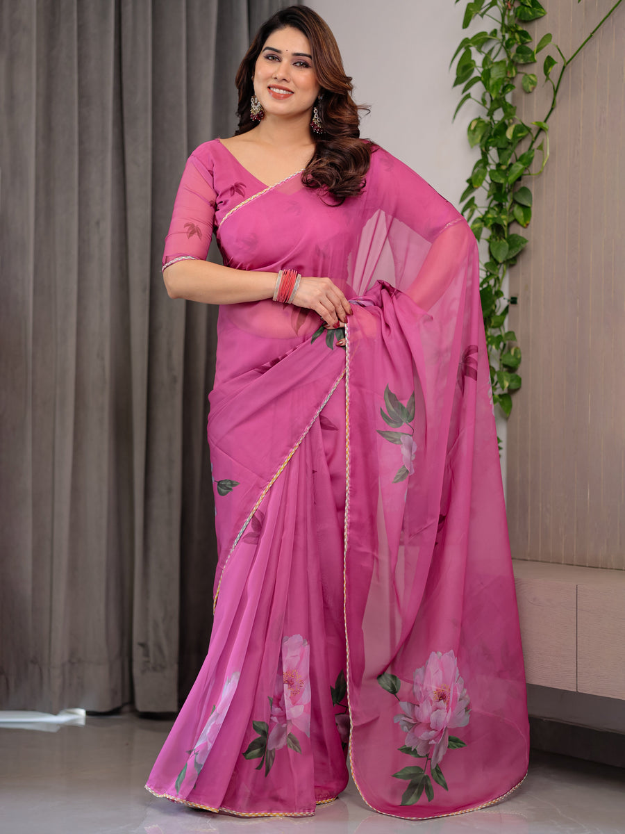Rose Pink Floral Printed Organza Saree with Multicolour Lace Border | Designer Lightweight Organza Saree with Attached Blouse Piece | Festive & Party Wear Saree