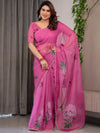 Rose Pink Floral Printed Organza Saree with Multicolour Lace Border | Designer Lightweight Organza Saree with Attached Blouse Piece | Festive & Party Wear Saree