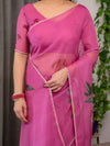 Rose Pink Floral Printed Organza Saree with Multicolour Lace Border | Designer Lightweight Organza Saree with Attached Blouse Piece | Festive & Party Wear Saree