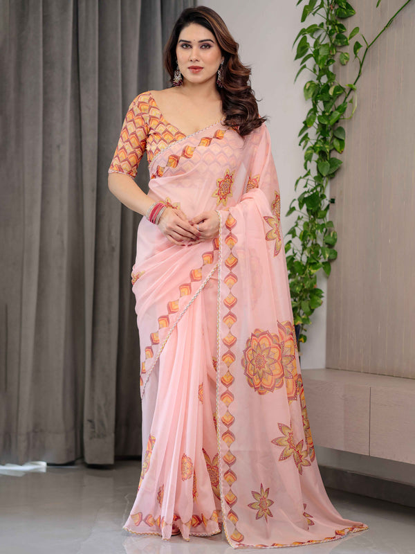 Peach Pink Mandala Printed Organza Saree with Multicolour Lace Border | Designer Lightweight Organza Saree with Attached Blouse Piece | Festive & Occasion Wear