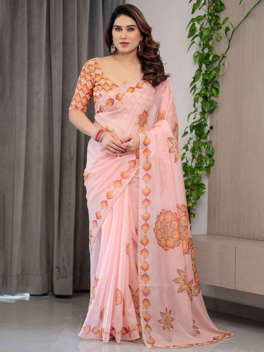 Peach Pink Mandala Printed Organza Saree with Multicolour Lace Border | Designer Lightweight Organza Saree with Attached Blouse Piece | Festive & Occasion Wear